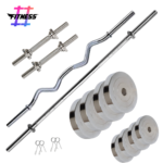 HASHTAG FITNESS 50kg chrome steel weights & pair of Star-Nut dumbbell Rods, Straight Rod & Ez-Curl Bar